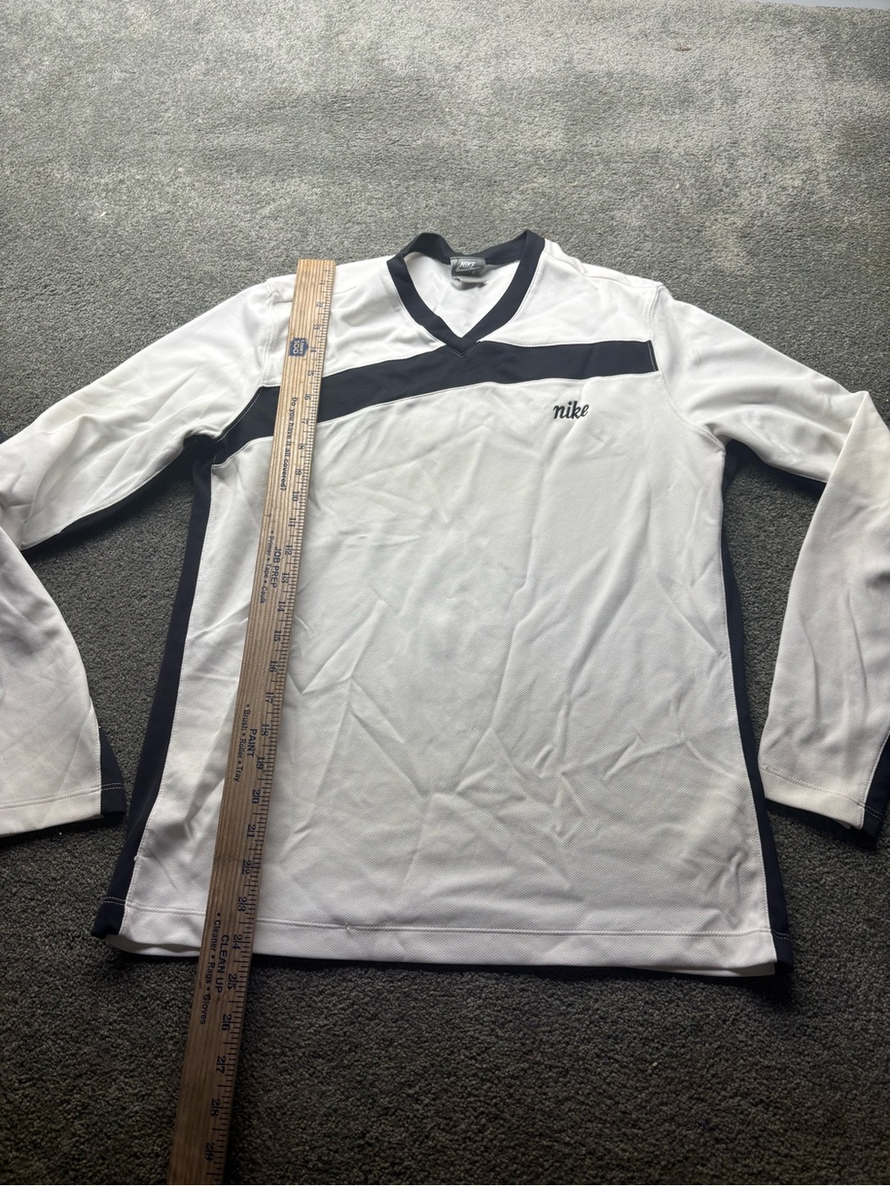 Nike White Long Sleeve Athletic Shirt with Black Trim large jersey style v neck